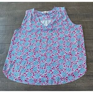 Loft Women's pink v-neck henley tank top with blue white floral print Size XL